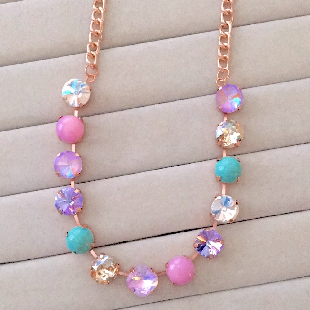 Turquoise, Violet Purple,Pink +Champagne Topaz Rose Gold Crystal Tennis Necklace - Picture 12 of 13